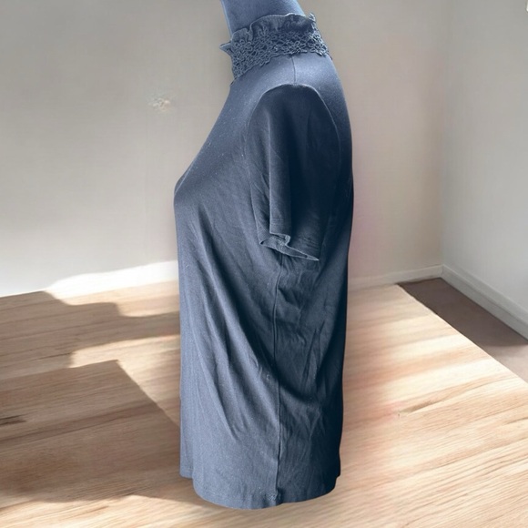 White Birch Wmns Mock Turtleneck Short Sleeved Ribbed Material Crochet Accent SM - Picture 3 of 8